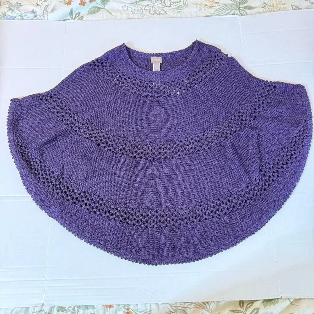 Chico's Open Knit Batwing Poncho Sweater Women L/XL Purple Whimsigoth Festival